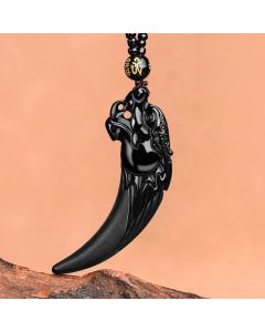 Buddha Stones Natural Black Jade Chinese Zodiac Dragon Tooth Pattern Protection Necklace Pendant - Black Jade(Protection♥Calm)
