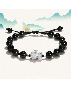 Buddha Stones Natural Black Obsidian Cat's Eye Pink Crystal PiXiu Strength Bracelet - Pink Crystal PiXiu(Wrist Circumference 14-15cm)