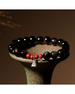 Buddha Stones Natural Black Obsidian Cinnabar Lotus Charm Strength Fulfillment Bracelet - 8mm(Wrist Circumference 14-16cm)
