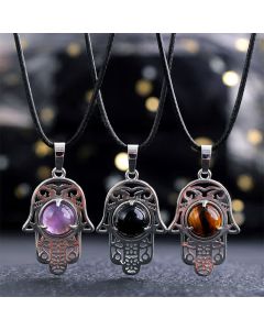 Buddha Stones Natural Black Obsidian Hamsa Palm Inlay Crystal Strength Necklace - Natural Rose Quartz(Color May Vary)