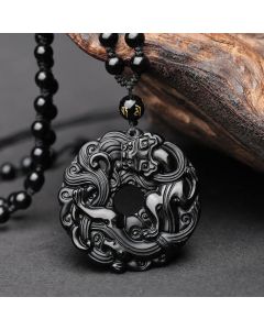 Buddha Stones Natural Black Obsidian Peace Buckle Pixiu Purification Necklace Pendant - Black Obsidian