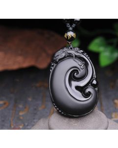 Buddha Stones Natural Black Obsidian PiXiu Oval Pattern Strength Necklace Pendant - Black Obsidian(Purification♥Transformation)