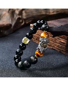 Buddha Stones Natural Black Obsidian PiXiu Tiger's Eye Transformation Bracelet - 14mm(Wrist Circumference: 18-19cm)