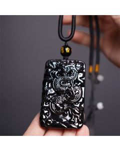 Buddha Stones Natural Black Obsidian Rectangular Dragon Engraved Success Necklace Pendant - Dragon 61mm*40mm