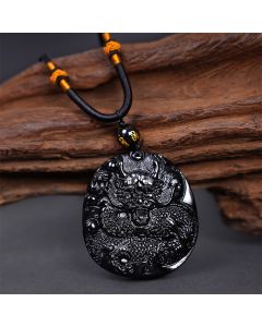 Buddha Stones Natural Black Obsidian Round Dragon Carved Protection Necklace Pendant - Dragon 45mm*48mm