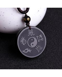 Buddha Stones Natural Black Obsidian Taoism Five Sacred Mountains Nine-Character Mantra Carved Strength Yin Yang Necklace Pendant Key Chain - Black Obsidian&Key Chain