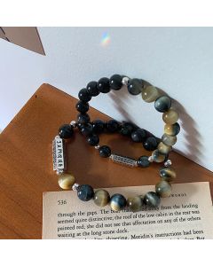 Buddha Stones Natural Black Obsidian Tiger's Eye Six True Words 'om Mani Padme Hum' Strength Love Bracelet - Black Obsidian Tiger's Eye 10mm Beads(Wrist Circumference: 17-18cm)
