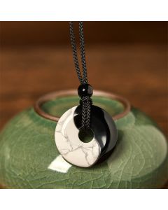 Buddha Stones Natural Black Obsidian White Turquoise Yin Yang Peace Buckle Design Braided String Strength Necklace Pendant - Black Obsidian White Turquoise YIN YANG