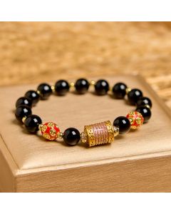Buddha Stones Natural Black Onyx Five Scripture Copper Coins Fortune Bracelet - Black Onyx(Wrist Circumference 14-16cm)