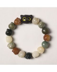 Buddha Stones Natural Bodhi Seed Lovely Paw Ebony Wood Lucky Cat Wisdom Bracelet - White Bodhi Seed / Tassel Version(Wrist Circumference 14-15cm)