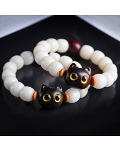 Buddha Stones Natural Bodhi Seed Small Leaf Red Sandalwood Ebony Wood Cute Lucky Cat Wisdom Bracelet - Ebony Wood Lucky Cat&Bodhi Seed(Wrist Circumference 14-16cm)