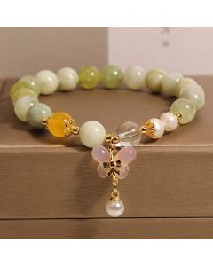 Buddha Stones Natural Butterfly Serpentine Jade Yanyuan Agate Luck Bracelet - Serpentine Jade(Wrist Circumference: 16-18cm)