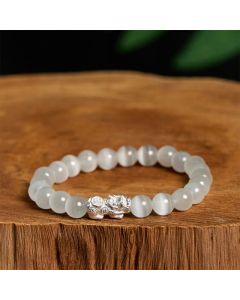 Buddha Stones Natural Cat's Eye Beads 990 Sterling Silver Pixiu Positive Bracelet - Pink Cat's Eye-(Wrist Circumference 14-16cm)