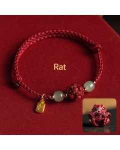 Buddha Stones Natural Cinnabar Chinese Zodiac Hetian Jade Fu Character Luck Rope Bracelet - Pig(Wrist Circumference 14-18cm)