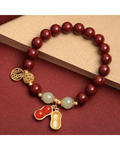 Buddha Stones Natural Cinnabar Fu Character Peanut Good Things Happen Blessing Bracelet - Cinnabar(Wrist Circumference 15-16cm)