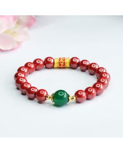 Buddha Stones Natural Cinnabar Green Agate Om Mani Padme Hum Pattern Blessing Bracelet - Cinnabar(Wrist Circumference: 14-16cm)