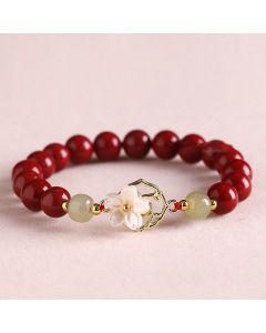 Buddha Stones Natural Cinnabar Jade Beaded Tridacna Stone Flower Blessing Bracelet - Red Cinnabar / 10mm(Wrist Circumference 18cm)