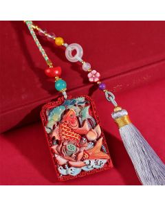 Buddha Stones Natural Cinnabar Koi Fish Lotus Design Blessing Peace Buckle Car Hanging Decoration - Cinnabar(Calm♥Concentration)