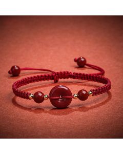 Buddha Stones Natural Cinnabar Peace Buckle Blessing String Bracelet - Black Rope(Wrist Circumference 14-18cm)