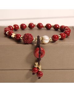 Buddha Stones Natural Cinnabar Peace Buckle Copper Coin Charm Blessing Bracelet - Cinnabar(Calm♥Concentration)