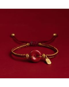Buddha Stones Natural Cinnabar Peace Buckle Fu Character Charm Blessing Braided Bracelet - 15mm Peace Buckle(Wrist Circumference 14-18cm)