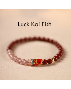 Buddha Stones Natural Cinnabar Pink Crystal Strawberry Quartz Lucky Koi Fish Blessing Bracelet - Cinnabar-4mm & Pink Crystal & Small Koi