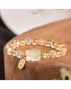 Buddha Stones Natural Citrine White Crystal Nine Tailed Fox Attracting Wealth Charm Energy Bracelet - Citrine&White Crystal(Wrist Circumference:15-16cm)