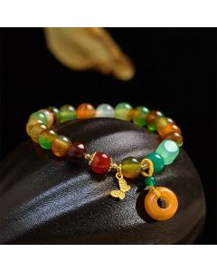 Buddha Stones Natural Colorful Peacock Agate Butterfly Peace Buckle Lily Of The Valley Support Bracelet - Peacock Agate Lily of the Valley(Wrist Circumference 14-16cm)