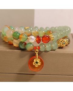 Buddha Stones Natural Colorful Peacock Agate Flower Peace Buckle Pearl Double Layer Support Bracelet - Peacock Agate (Wrist circumference: 15-16cm)