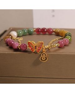 Buddha Stones Natural Colorful Tourmaline Butterfly Auspicious Character Gourd Charm Positive Bracelet - Tourmaline(Positive♥Love)(Wrist Circumference 14-16cm)
