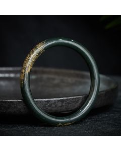 Buddha Stones Natural Cyan Jade Lotus Koi Fish Enlightenment Bangle Bracelet - Cyan Jade(60–62 mm)