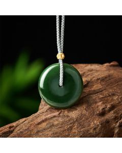 Buddha Stones Natural Cyan Jade Peace Buckle Abundance Pendant Rope Necklace - Natural Cyan Jade(Color May Vary)