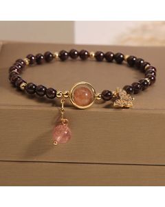 Buddha Stones Natural 3mm Ultra-thin Garnet Strawberry Quartz Butterfly Calm Bracelet - Garnet(Wrist Circumference 14-16cm)