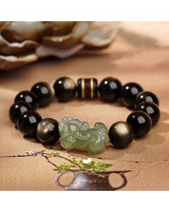 Buddha Stones Natural Gold Sheen Obsidian Hetian Cyan Jade White Jade PiXiu Wealth Bracelet - Gold Sheen Obsidian White Jade Pixiu 14mm(Men)