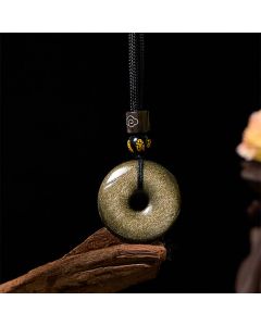 Buddha Stones Natural Gold Sheen Obsidian Peace Buckle Strengthen Necklace Pendant - Gold Sheen Obsidian