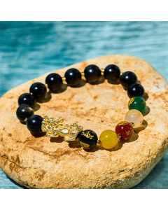 Buddha Stones Natural Gold Sheen Obsidian PiXiu Five Directions Gods of Wealth Protection Bracelet - 14mm(Wrist Circumference 17-18cm)