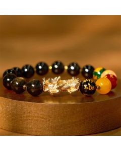 Buddha Stones Natural Gold Sheen Obsidian PiXiu Five Directions Gods of Wealth Protection Bracelet - 14mm(Wrist Circumference 17-18cm)