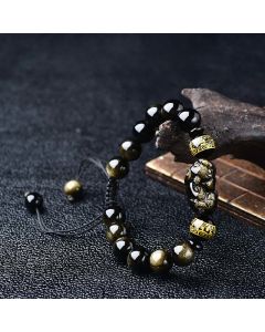 Buddha Stones Natural Gold Sheen Obsidian PiXiu Om Mani Padme Hum Protection Rope Bracelet - 14mm(Wrist Circumference: 18-19cm)