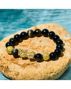 Buddha Stones Natural Gold Sheen Obsidian PiXiu Om Mani Padme Hum Wealth Bracelet - 14mm(Wrist Circumference 17-18cm)
