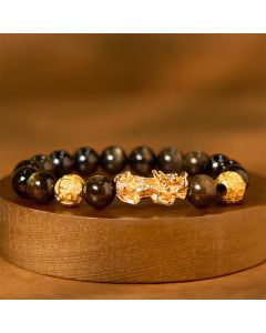 Buddha Stones Natural Gold Sheen Obsidian PiXiu Om Mani Padme Hum Wealth Bracelet - 14mm(Wrist Circumference 17-18cm)