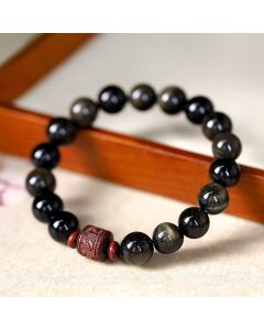 Buddha Stones Natural Gold Sheen Obsidian Rainbow Obsidian Om Mani Padme Hum Fu Character Healing Bracelet - 10mm Gold Sheen Obsidian&May you have a surplus every year(Wrist Circumference 14-16cm)