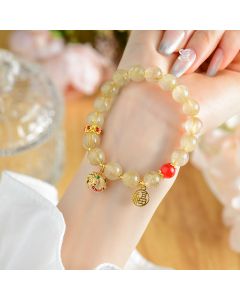 Buddha Stones Natural Golden Rutilated Quartz Fu Character Charm Bell Wealth Bracelet - Rutilated Quartz(Auspiciousness♥Courage)(Wrist Circumference 14-16cm)