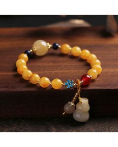 Buddha Stones Natural Golden Silk Jade Gourd Charm Wealth Luck Bracelet - Golden Silk Jade(Wrist Circumference 14-16cm)