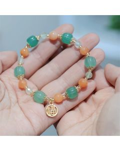 Buddha Stones Natural Golden Silk Jade Pumpkin Bead Fu Character Charm Wealth Bracelet - Golden Silk Jade(Ward off evil spirits♥Wealth)(Wrist Circumference 14-16cm)