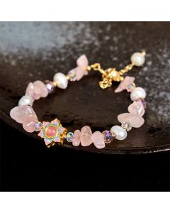Buddha Stones Natural Gravel Rose Quartz Flower Pearl Healing Bracelet - Rose Quartz(Wrist Circumference: 14-16cm)