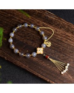 Buddha Stones Natural Gray Agate Fu Character Pearl Tassel Balance Bracelet - Gray Agate(Focus♥Positivity)