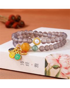 Buddha Stones Natural Gray Agate Peace And Joy Charm Balance Double Wrap Bracelet - Gray Agate(Focus♥Positivity)