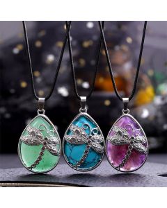 Buddha Stones Natural Green Aventurine Dragonfly Teardrop Shape Inlay Crystal Balance Necklace - Natural Amethyst(Color May Vary)