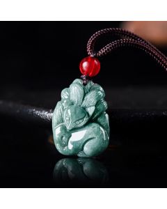 Buddha Stones Natural Green Jade Nine Tailed Fox Engraved Prosperity Necklace Pendant - Jade