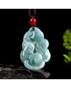 Buddha Stones Natural Green Jade Nine Tailed Fox Fairy Prosperity Necklace Pendant - Jade(Prosperity♥Abundance)